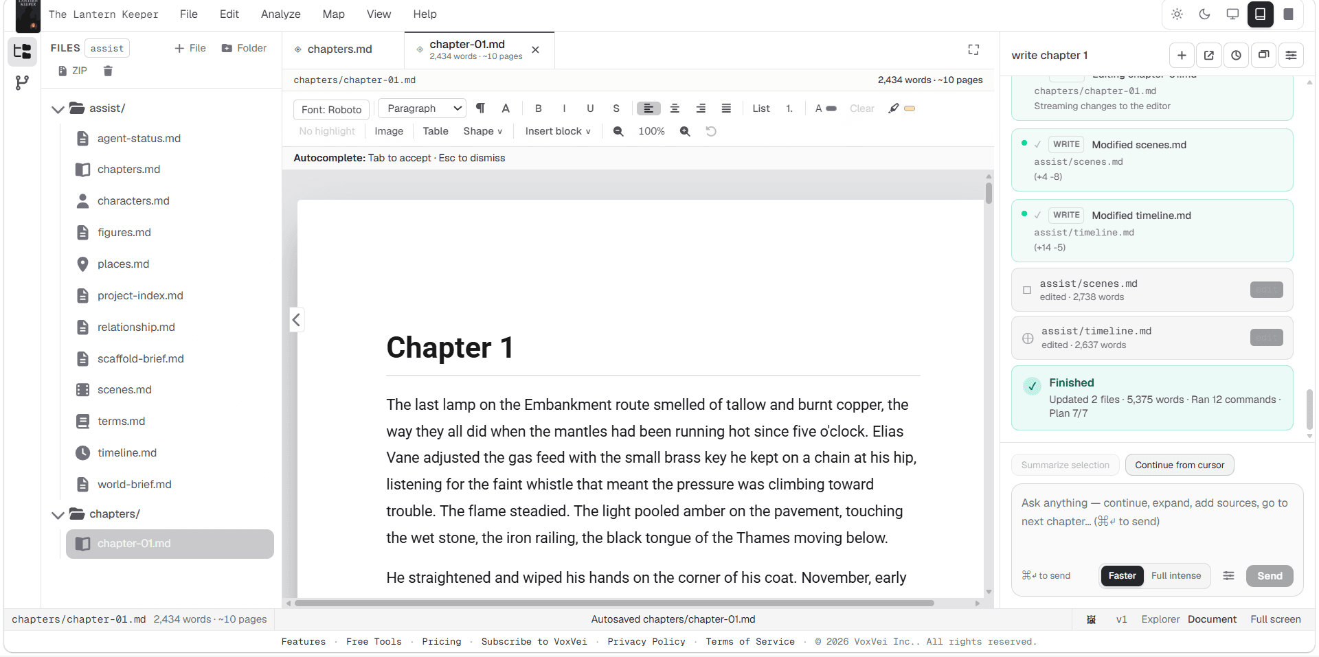 VoxVei workspace with a chapter editor, project files, and AI writing assistant